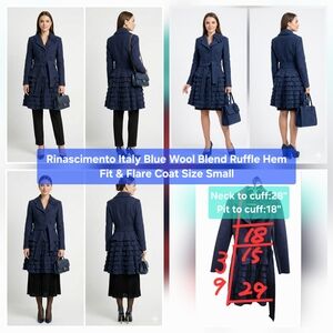 Rinascimento Italy Blue Wool Blend Ruffle Hem Fit & Flare Coat Size Small